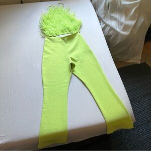 CULT GAIA lime neon green feather halter tie cropped top bootcut pants set